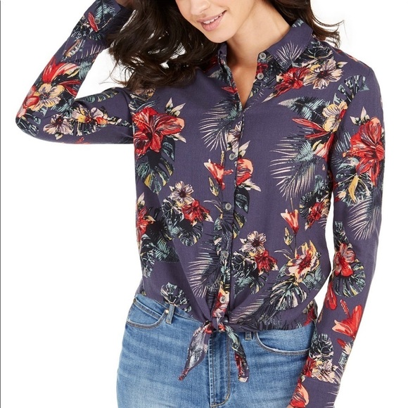 Roxy Floral Front Button Long Sleeve Tie-Front - Picture 1 of 12